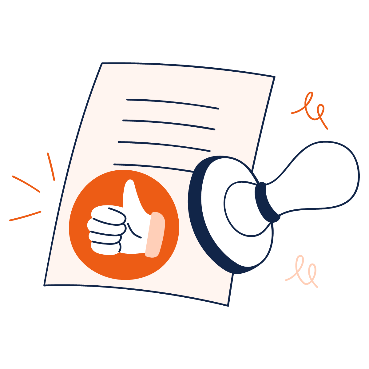 Een illustratie van een goedkeurings-stempel met een duimpje omhoog onderaan een tekst document.