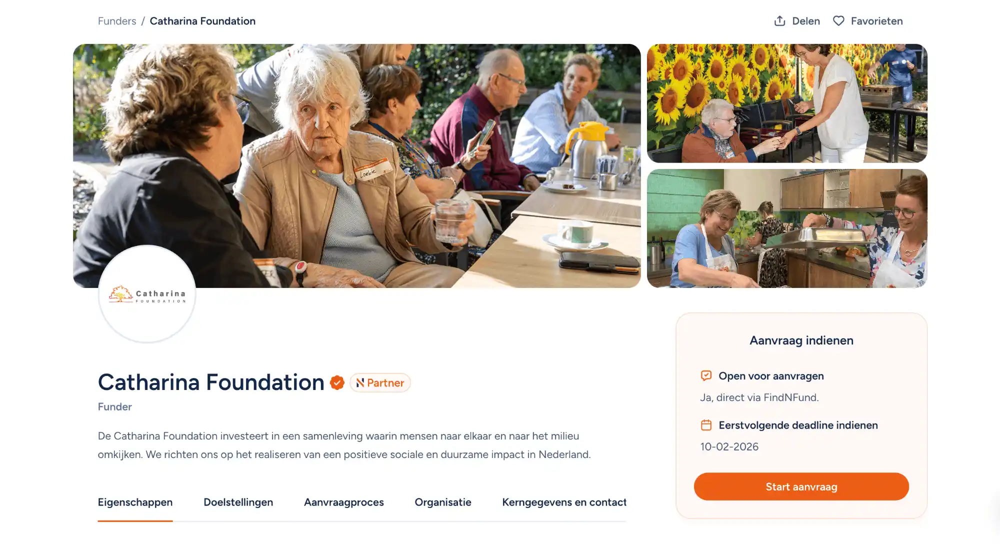 Een schermafbeelding van het Funder profiel van Catharina Foundation