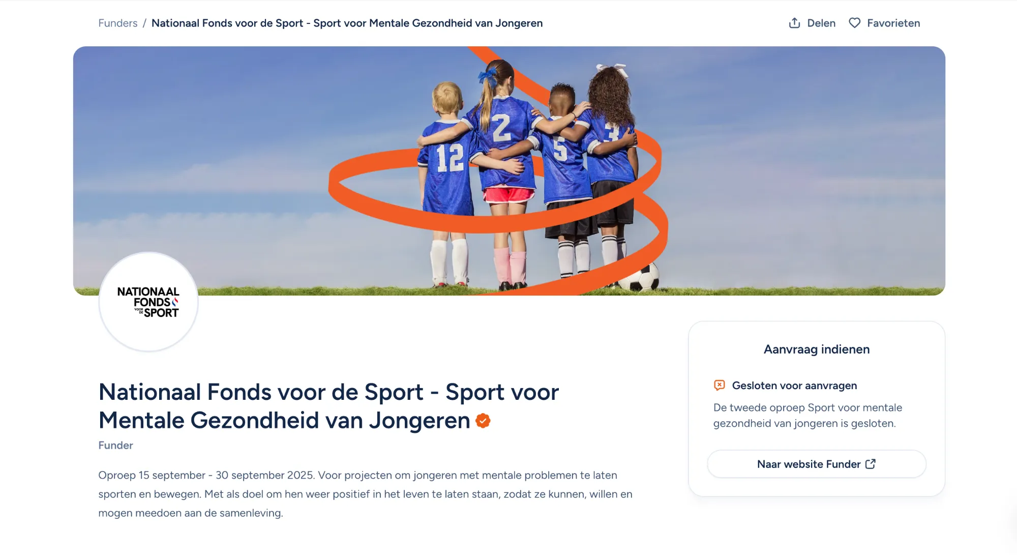 Screenshot van het Funder profiel van Nationaal Fonds voor de Sport