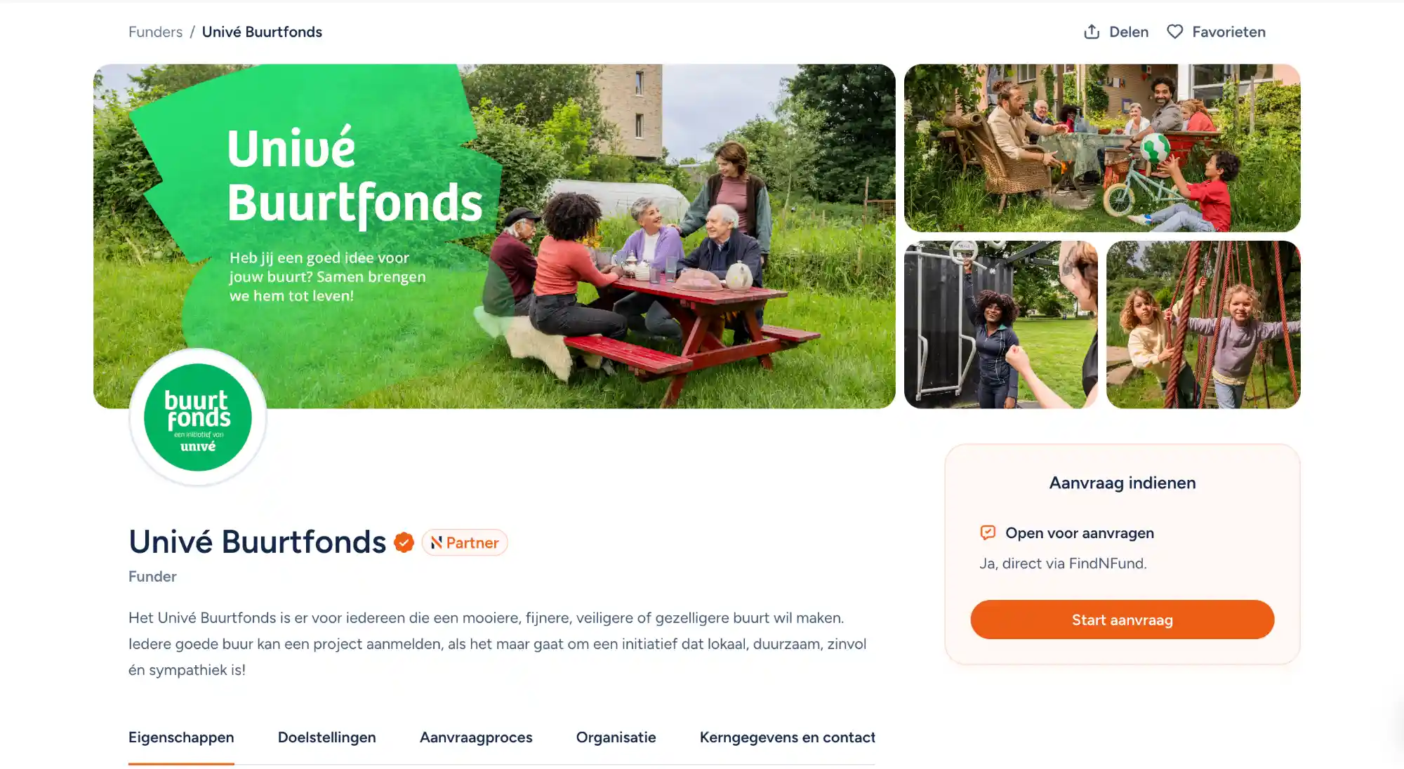 Een schermafbeelding van het Funder profiel van Unive Buurtfonds