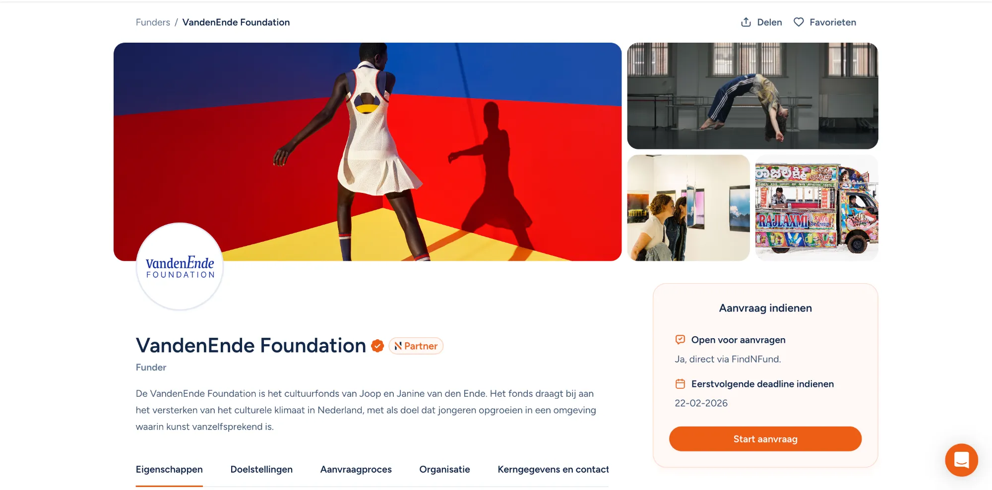 Een schermafbeelding van het Funder profiel van Vandenende Foundation