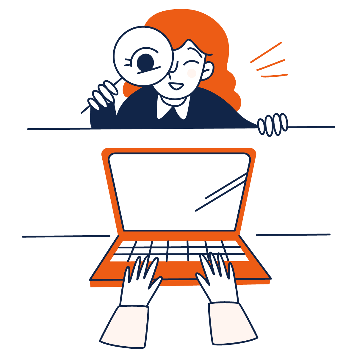 een illustratie van een vrouw die met een loep kijkt naar een laptop waarop iemand iets typt.