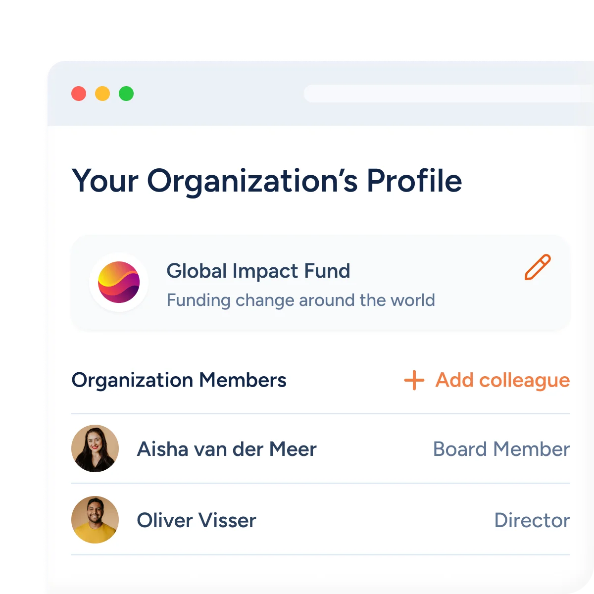 Example of a funder profile with organization information
